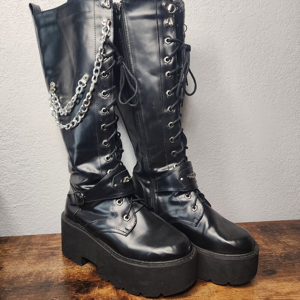 Black Chunky Goth Size 8.5 40 Platform Boots w Chain Womens Lace and Zip Up Punk